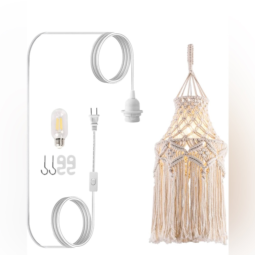 New Bohemians Macramé Hanging Lamp Includes Plug in Cord Light Bulb Wall Hooks